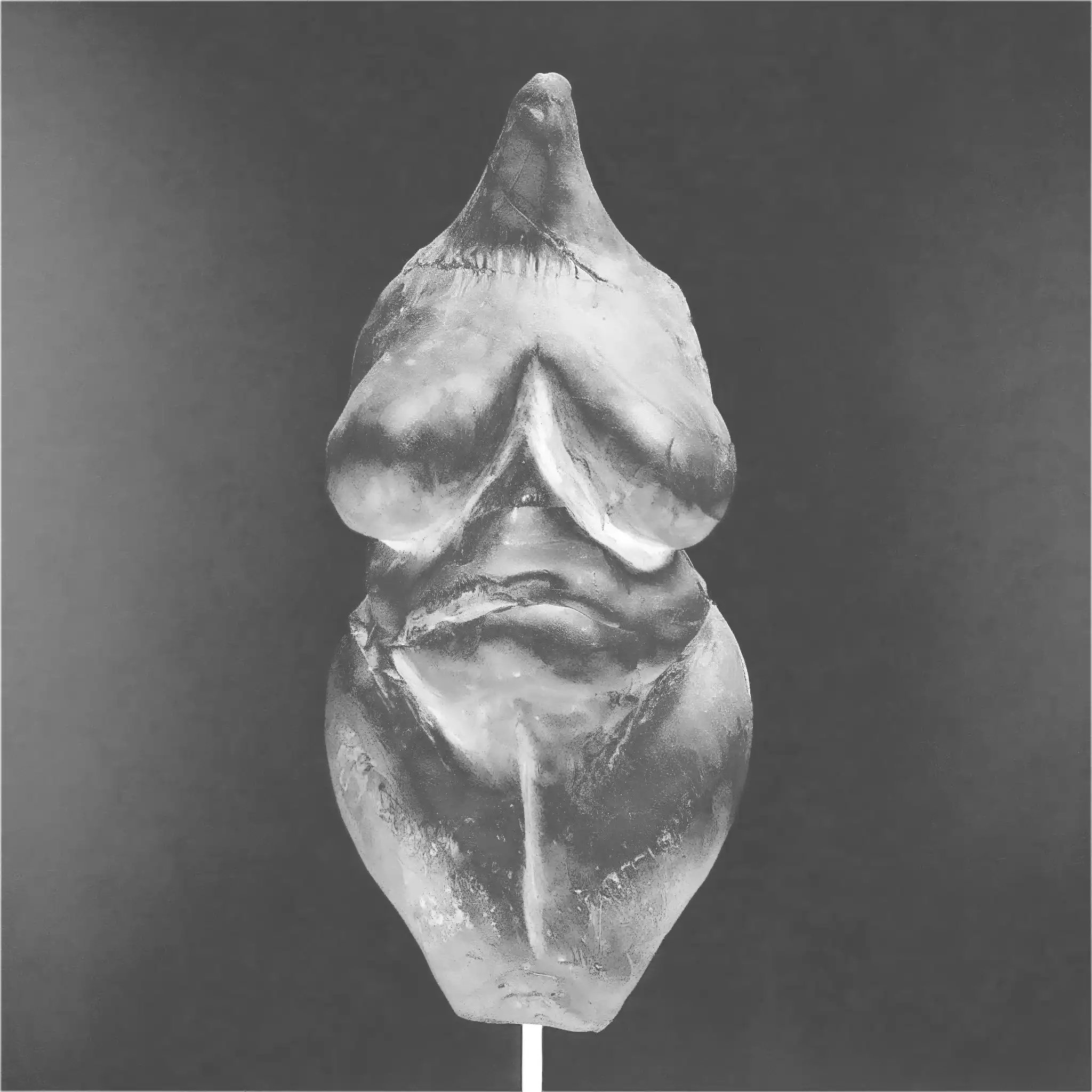 A venus figurine with big hips and chest generated with custom AI in black and white.