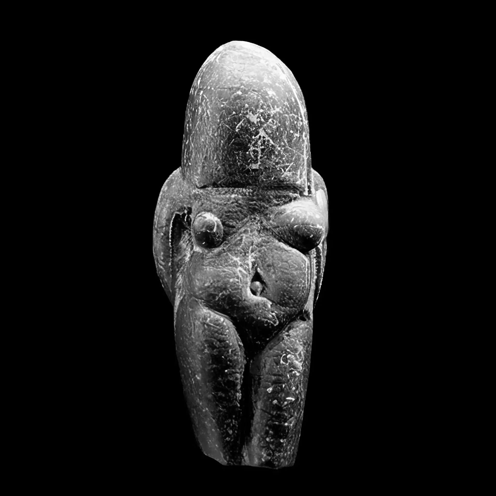 A venus figurine of a woman's body generated with custom AI in black and white. It has a big head.