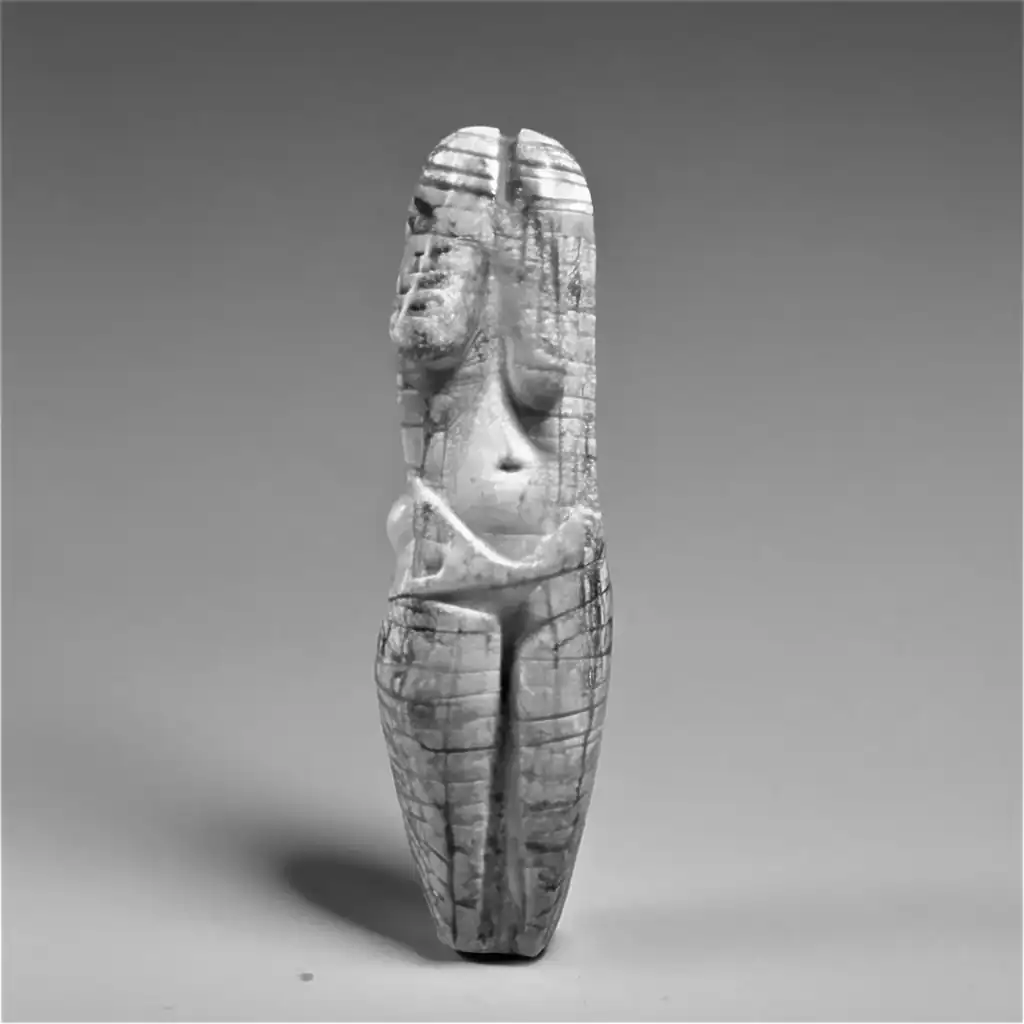 A venus figurine of a woman's body generated with custom AI in black and white. It has no head and no arms.