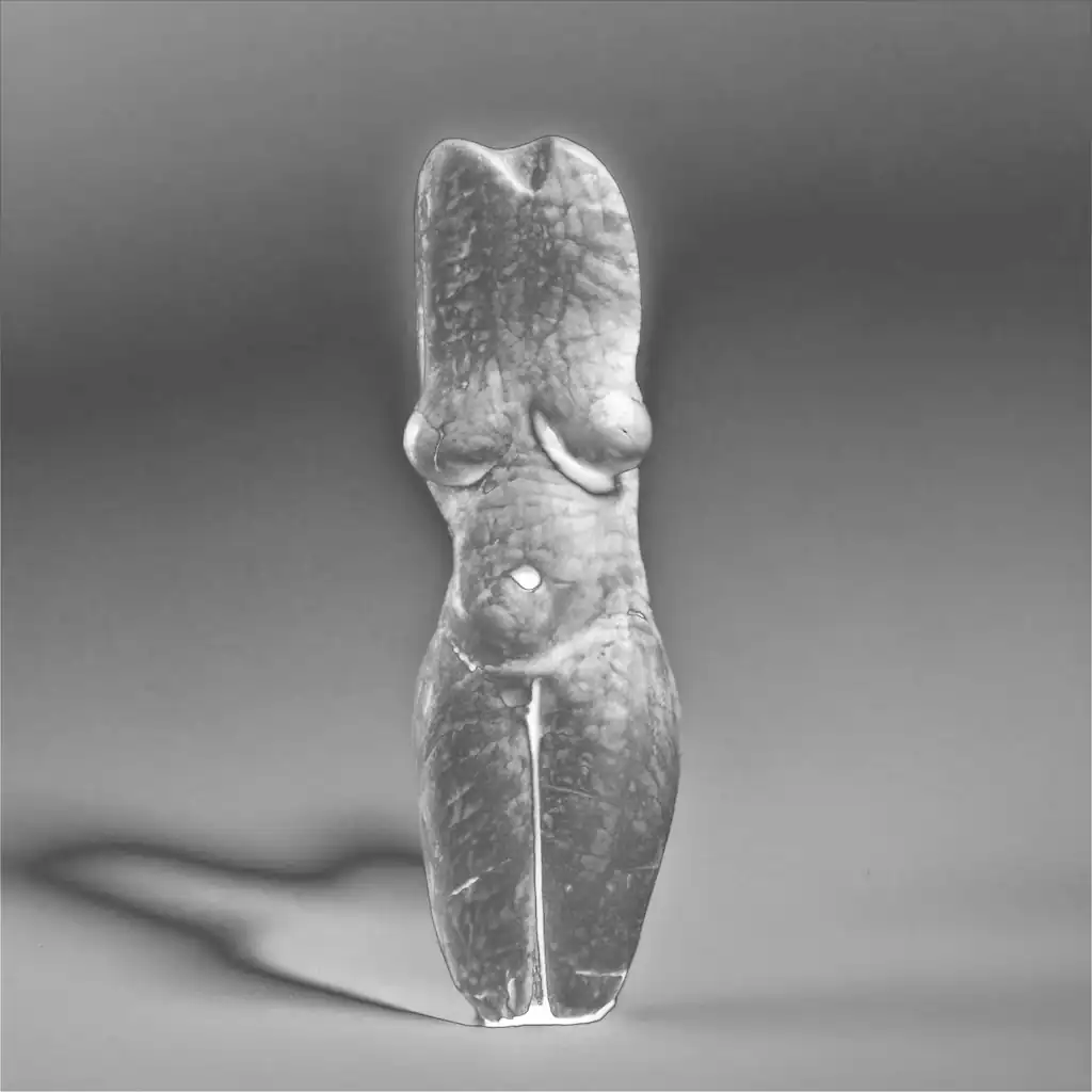 A venus figurine of a woman's body generated with custom AI in black and white. It has no head and no arms.